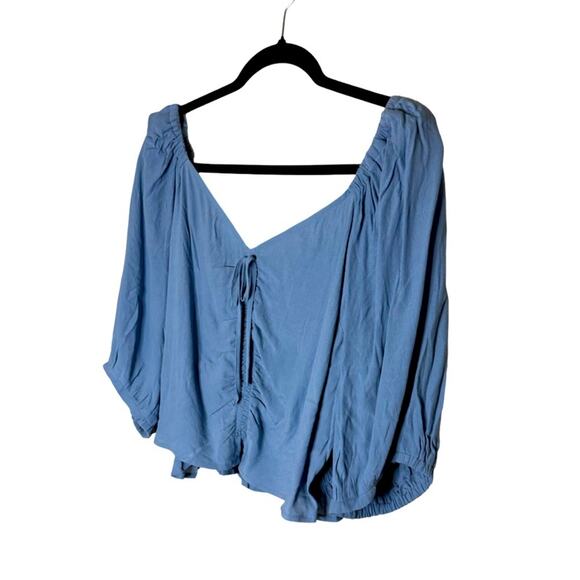 Open Edit Tie Front Puff Sleeve Blouse - Blue Chambray Size 2X - Picture 6 of 9